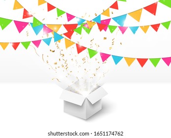 Golden confetti in box. Festive background vector. Happy Birthday.Birthday party invitation banners. Vector illustration