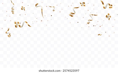 Golden confetti, bright realistic streamers. Falling shiny streamers. Bright golden festive tinsel. Festive design elements on transparent background for web banner, poster, flyer, invitation.	