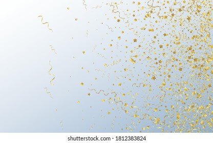 Golden Confetti Celebrate Vector Gray Background. Decoration Spiral Poster. Serpentine Party Illustration. Yellow Carnival Template.