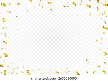 Golden confetti celebration frame on transparent background with shiny ribbons and stars. Luxury confetti for celebration party banner, Festive frame 