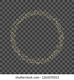 Golden confetti circle frame or shiny glitter particles background. Vector gold dots design backdrop for Christmas, New Year or birthday and luxury fashion