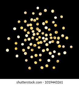 Golden Confetti Circle Isolated on Black Festive Pattern with Tinsels for Christmas and New Year Decoration, Birthday Invitation, Poster or Greeting Card. Wreath of Gold Confetti.