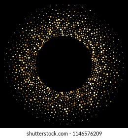 Golden confetti circle or shiny glitter particles background. Vector gold dots frame for Christmas, New Year or birthday and luxury fashion design backdrop