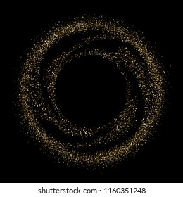 Golden confetti circle or shiny swirl glitter particles background. Vector gold dots frame for Christmas, New Year or birthday and luxury fashion design backdrop