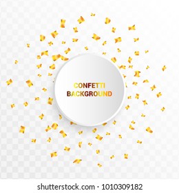 Golden confetti in circular design on transparent background. Vector illustration.