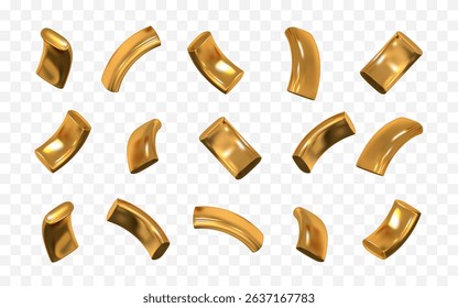 Golden Confetti Elements Set Isolated on Transparent Background. Realistic Metallic 3D Curved Shapes for Celebration or Decoration Use. Vector Illustration.