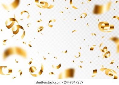 Golden confetti explosion. Falling shiny gold serpentine, flying ribbons. Glossy gold paper pieces fly, scatter around. 3D realistic vector isolated texture. Glossy festive elements for celebration