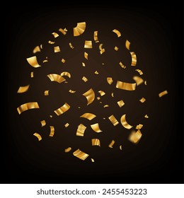 Golden confetti. Explosion of gold ribbon particles. Festive falling glitter. Award holiday magic effect. Luxury glamour serpentine decoration. Vector illustration EPS 10.