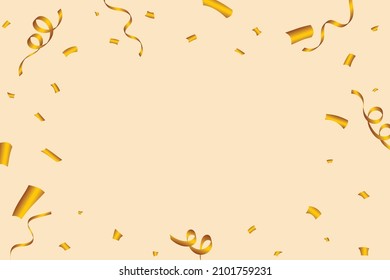 Golden confetti explosion isolated on a gold background. Golden party tinsel and confetti photo frame. Anniversary celebration. Confetti vector for carnival background. Festival elements.