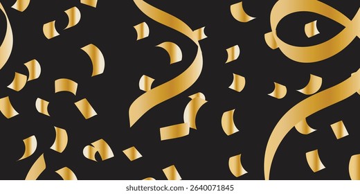 Golden Confetti Explosion on Black Canvas: A Luxury Design for New Year’s Eve and Celebration Posters. Glamour falling glitter. New year wallpaper .brochure template. Cover texture design.