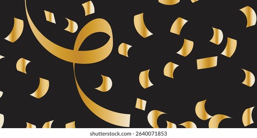 Golden Confetti Explosion on Black Canvas: A Luxury Design for New Year’s Eve and Celebration Posters. Glamour falling glitter. New year wallpaper .brochure template. Cover texture design.