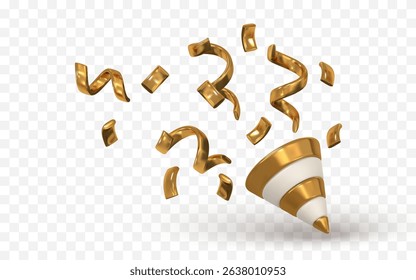 Golden Confetti Explosion With Party Popper on Transparent Background. Perfect for Celebration, Event, Holiday, or Festival Themes. Vector Illustration.