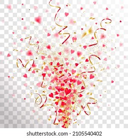 Golden Confetti Explosion With Red Love Hearts On Transparent Background