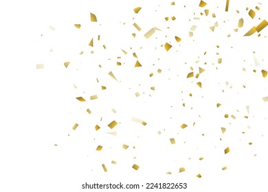 Golden confetti fall on a white background. Flying shiny particles illustration. Decorative element. Luxury background for your design, postcards, invitations, gift, VIP.