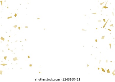 Golden confetti fall on a white background. Flying shiny particles illustration. Decorative element. Luxury background for your design, postcards, invitations, gift, VIP.