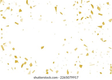 Golden confetti fall on a white background. Flying shiny particles illustration. Decorative element. Luxury background for your design, postcards, invitations, gift, VIP.