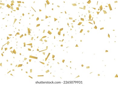 Golden confetti fall on a white background. Flying shiny particles illustration. Decorative element. Luxury background for your design, postcards, invitations, gift, VIP.