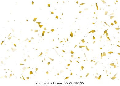 Golden confetti fall on a white background. Flying shiny particles illustration. Decorative element. Luxury background for your design, postcards, invitations, gift, VIP.