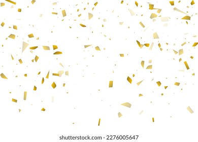 Golden confetti fall on a white background. Flying shiny particles illustration. Decorative element. Luxury background for your design, postcards, invitations, gift, VIP.