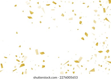 Golden confetti fall on a white background. Flying shiny particles illustration. Decorative element. Luxury background for your design, postcards, invitations, gift, VIP.