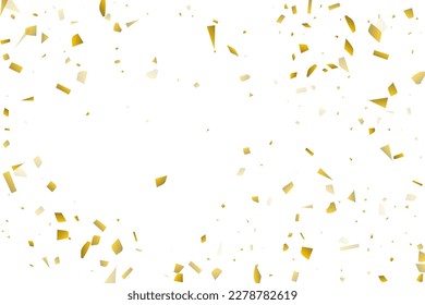 Golden confetti fall on a white background. Flying shiny particles illustration. Decorative element. Luxury background for your design, postcards, invitations, gift, VIP.