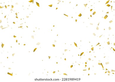 Golden confetti fall on a white background. Flying shiny particles illustration. Decorative element. Luxury background for your design, postcards, invitations, gift, VIP.
