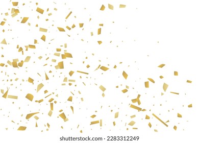 Golden confetti fall on a white background. Flying shiny particles illustration. Decorative element. Luxury background for your design, postcards, invitations, gift, VIP.
