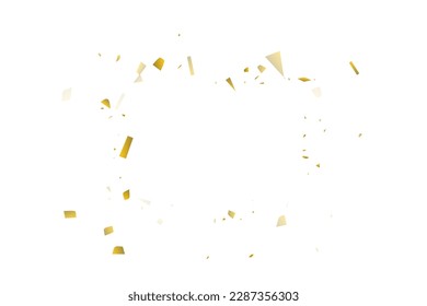Golden confetti fall on a white background. Flying shiny particles illustration. Decorative element. Luxury background for your design, postcards, invitations, gift, VIP.