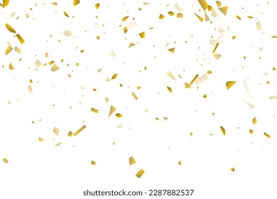 Golden confetti fall on a white background. Flying shiny particles illustration. Decorative element. Luxury background for your design, postcards, invitations, gift, VIP.