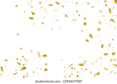 Golden confetti fall on a white background. Flying shiny particles illustration. Decorative element. Luxury background for your design, postcards, invitations, gift, VIP.