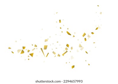 Golden confetti fall on a white background. Flying shiny particles illustration. Decorative element. Luxury background for your design, postcards, invitations, gift, VIP.