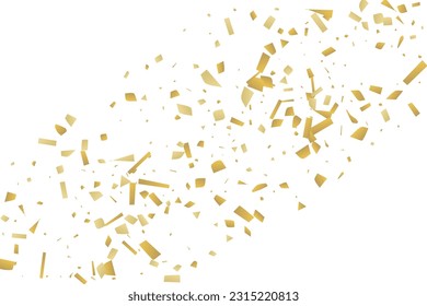 Golden confetti fall on a white background. Flying shiny particles illustration. Decorative element. Luxury background for your design, postcards, invitations, gift, VIP.