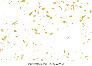 Golden confetti fall on a white background. Flying shiny particles illustration. Decorative element. Luxury background for your design, postcards, invitations, gift, VIP.