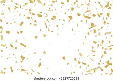 Golden confetti fall on a white background. Flying shiny particles illustration. Decorative element. Luxury background for your design, postcards, invitations, gift, VIP.