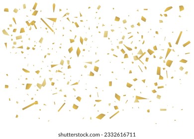 Golden confetti fall on a white background. Flying shiny particles illustration. Decorative element. Luxury background for your design, postcards, invitations, gift, VIP.