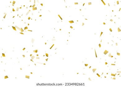 Golden confetti fall on a white background. Flying shiny particles illustration. Decorative element. Luxury background for your design, postcards, invitations, gift, VIP.