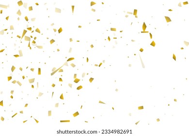 Golden confetti fall on a white background. Flying shiny particles illustration. Decorative element. Luxury background for your design, postcards, invitations, gift, VIP.