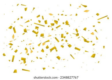 Golden confetti fall on a white background. Flying shiny particles illustration. Decorative element. Luxury background for your design, postcards, invitations, gift, VIP.