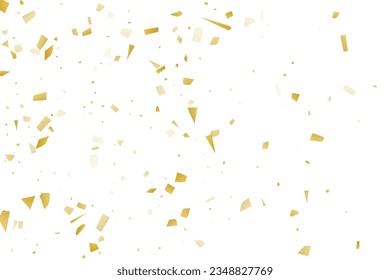 Golden confetti fall on a white background. Flying shiny particles illustration. Decorative element. Luxury background for your design, postcards, invitations, gift, VIP.