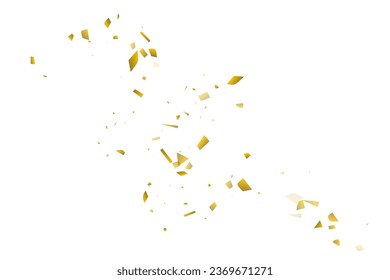 Golden confetti fall on a white background. Flying shiny particles illustration. Decorative element. Luxury background for your design, postcards, invitations, gift, VIP.