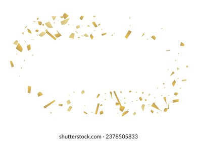 Golden confetti fall on a white background. Flying shiny particles illustration. Decorative element. Luxury background for your design, postcards, invitations, gift, VIP.