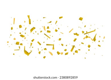 Golden confetti fall on a white background. Flying shiny particles illustration. Decorative element. Luxury background for your design, postcards, invitations, gift, VIP.