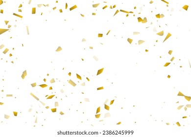 Golden confetti fall on a white background. Flying shiny particles illustration. Decorative element. Luxury background for your design, postcards, invitations, gift, VIP.