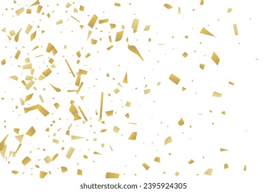 Golden confetti fall on a white background. Flying shiny particles illustration. Decorative element. Luxury background for your design, postcards, invitations, gift, VIP.