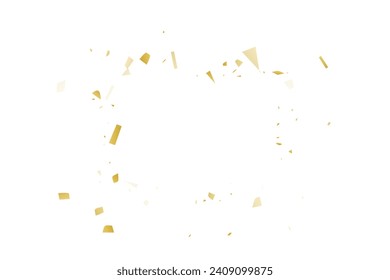 Golden confetti fall on a white background. Flying shiny particles illustration. Decorative element. Luxury background for your design, postcards, invitations, gift, VIP.