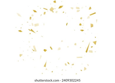 Golden confetti fall on a white background. Flying shiny particles illustration. Decorative element. Luxury background for your design, postcards, invitations, gift, VIP.