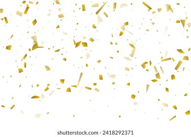 Golden confetti fall on a white background. Flying shiny particles illustration. Decorative element. Luxury background for your design, postcards, invitations, gift, VIP.