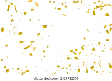 Golden confetti fall on a white background. Flying shiny particles illustration. Decorative element. Luxury background for your design, postcards, invitations, gift, VIP.