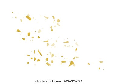 Golden confetti fall on a white background. Flying shiny particles illustration. Decorative element. Luxury background for your design, postcards, invitations, gift, VIP.
