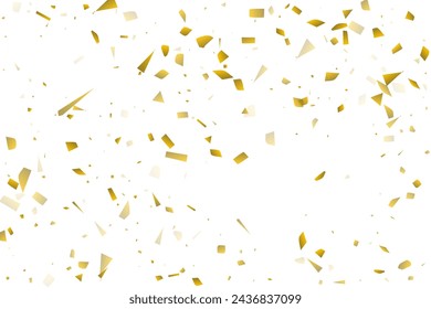 Golden confetti fall on a white background. Flying shiny particles illustration. Decorative element. Luxury background for your design, postcards, invitations, gift, VIP.